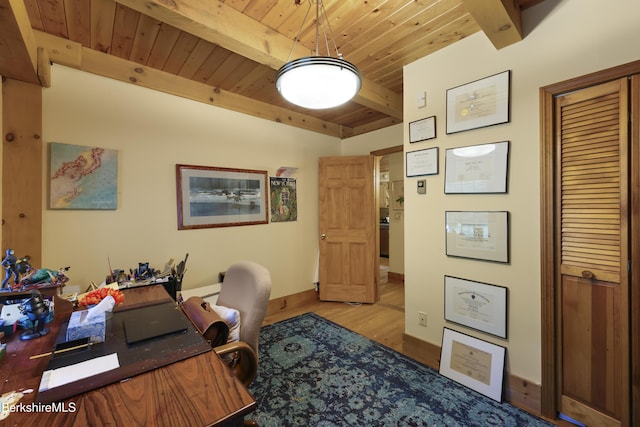 169 Jacobs Hollow Rd, Becket, MA 01223 - office featuring wood finished floors and a wooden ceiling with exposed beams