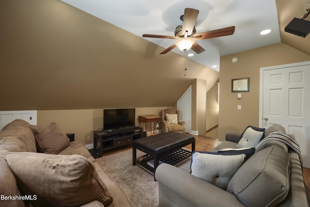 169 Jacobs Hollow Rd, Becket, MA 01223 - living area with vaulted ceiling, ceiling fan, wood finished floors, and recessed lighting