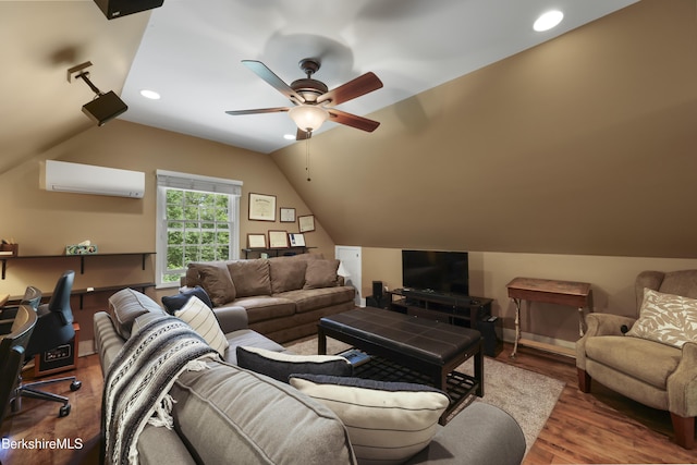 169 Jacobs Hollow Rd, Becket, MA 01223 - living area featuring a wall mounted AC, lofted ceiling, a ceiling fan, wood finished floors, and recessed lighting