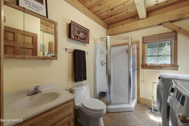 169 Jacobs Hollow Rd, Becket, MA 01223 - bathroom featuring washer and clothes dryer, wood ceiling, a shower stall, vanity, and tile patterned flooring