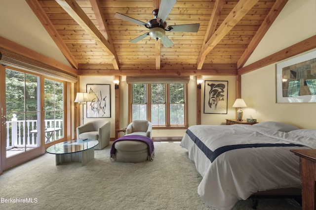 169 Jacobs Hollow Rd, Becket, MA 01223 - carpeted bedroom featuring wood ceiling, multiple windows, and access to outside