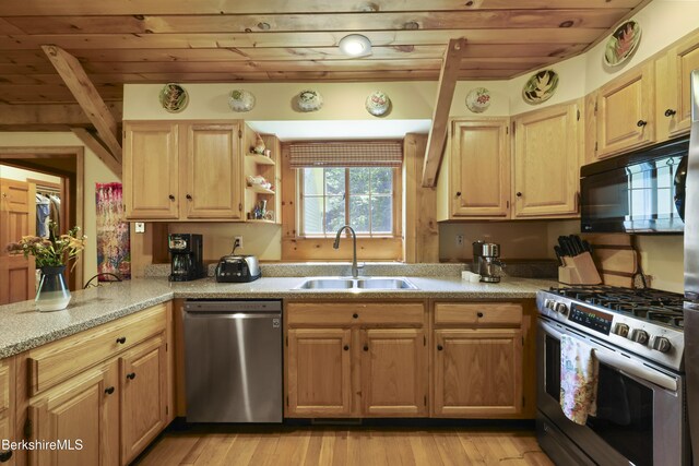 169 Jacobs Hollow Rd, Becket, MA 01223 - kitchen featuring stainless steel appliances, wooden ceiling, light brown cabinetry, light stone countertops, and light wood-style flooring
