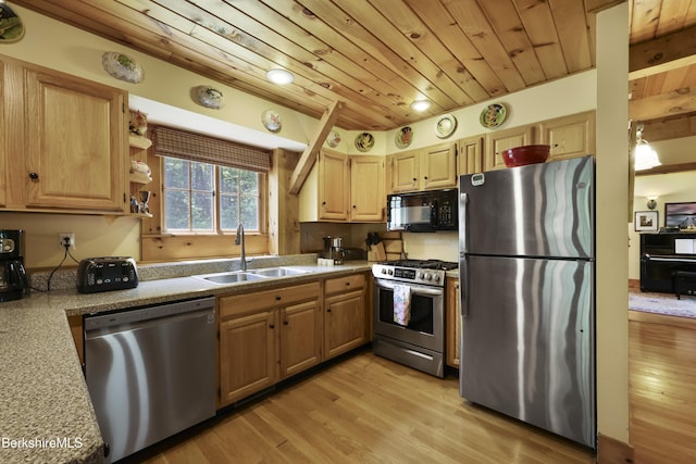 169 Jacobs Hollow Rd, Becket, MA 01223 - kitchen featuring stainless steel appliances, wood ceiling, light wood-style flooring, and light countertops