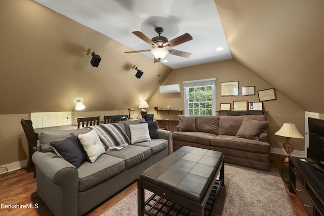 169 Jacobs Hollow Rd, Becket, MA 01223 - living area featuring wood finished floors, a ceiling fan, and vaulted ceiling