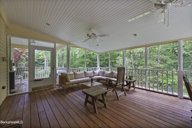 169 Jacobs Hollow Rd, Becket, MA 01223 - sunroom / solarium featuring ceiling fan, an outdoor living space, and lofted ceiling