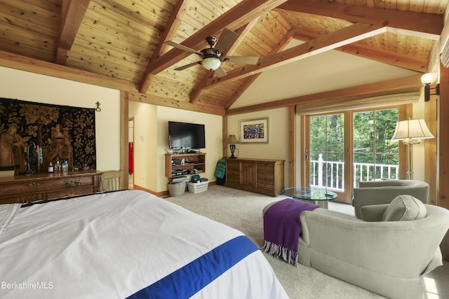 169 Jacobs Hollow Rd, Becket, MA 01223 - carpeted bedroom featuring wooden ceiling, access to outside, and a ceiling fan