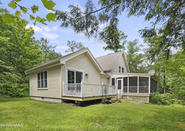 169 Jacobs Hollow Rd, Becket, MA 01223 - back of house featuring a sunroom, a wooden deck, a lawn, and crawl space