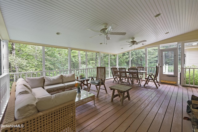 169 Jacobs Hollow Rd, Becket, MA 01223 - sunroom / solarium with outdoor lounge area, outdoor dining area, ceiling fan, and vaulted ceiling