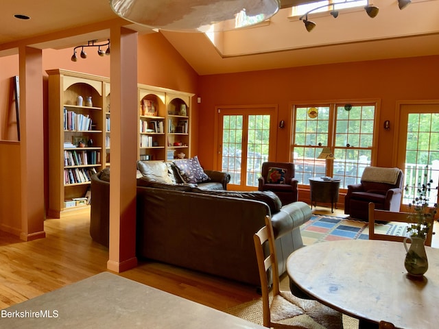 living room featuring light wood-style floors and vaulted ceiling