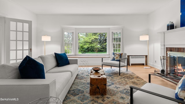 living room with radiator heating unit, wood finished floors, and a brick fireplace
