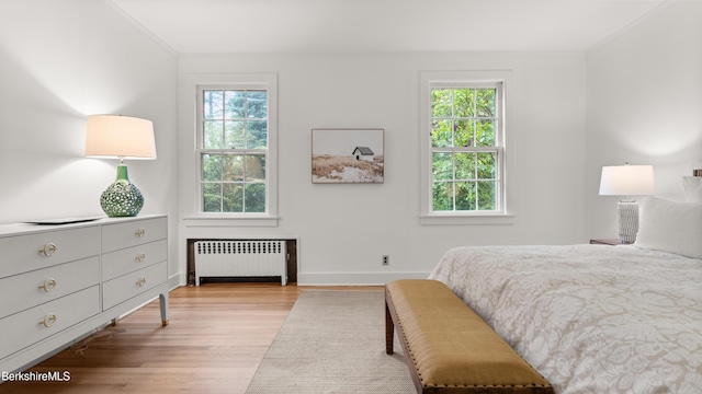 bedroom with radiator, ornamental molding, multiple windows, light wood-style floors, and baseboards