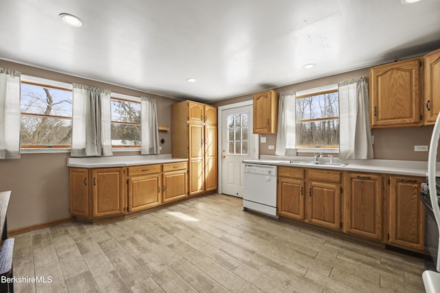 kitchen featuring a sink, a healthy amount of sunlight, light countertops, and dishwasher