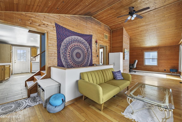 living area featuring wood ceiling, plenty of natural light, and light wood-style flooring