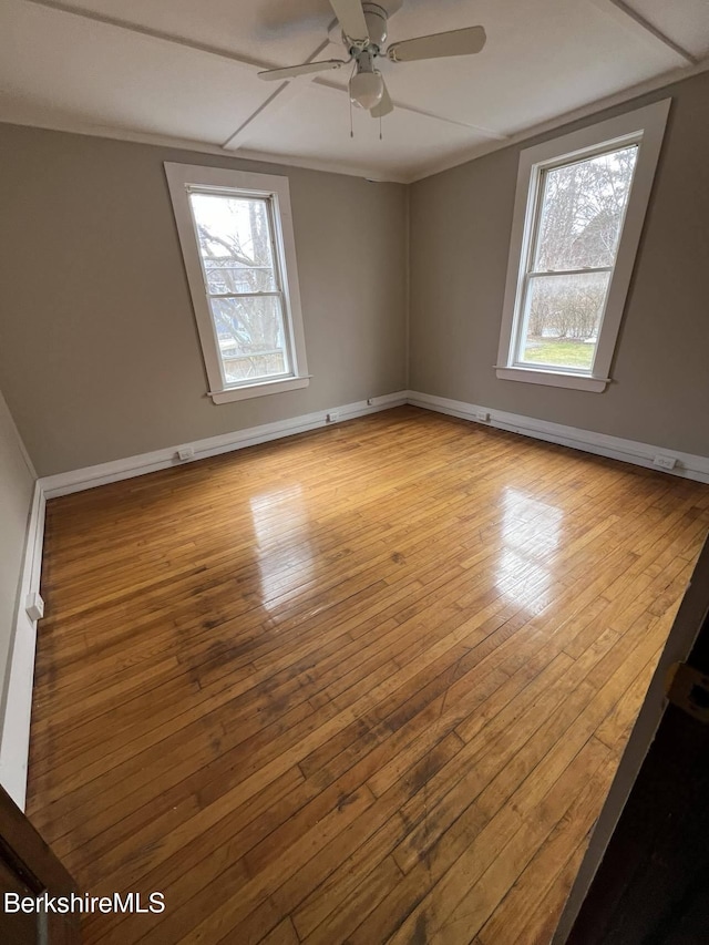 spare room with ceiling fan and light wood-type flooring