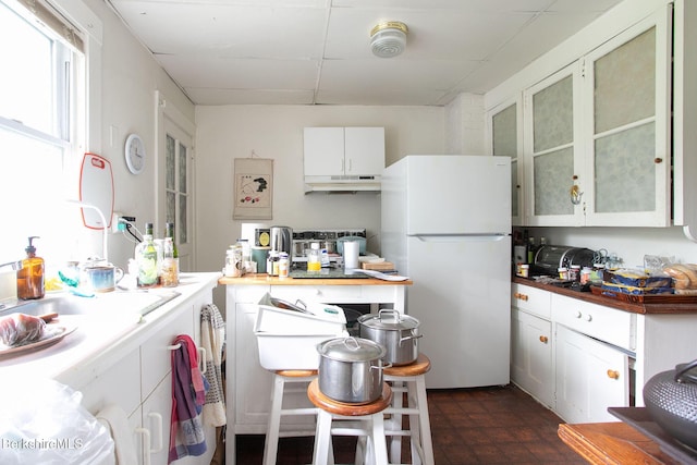 6-10 Manville St, Great Barrington, MA 01230 - kitchen featuring freestanding refrigerator, under cabinet range hood, white cabinets, and glass insert cabinets