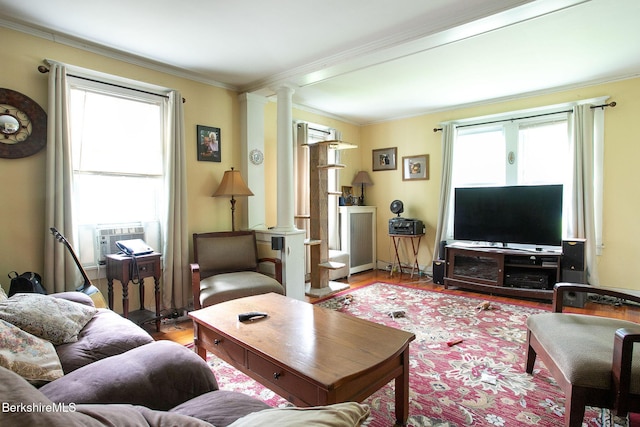 6-10 Manville St, Great Barrington, MA 01230 - living room with decorative columns, ornamental molding, cooling unit, and wood finished floors