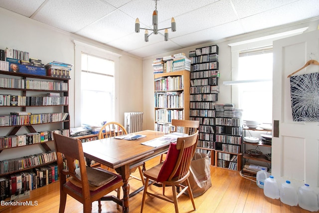 6-10 Manville St, Great Barrington, MA 01230 - dining area featuring a chandelier, hardwood / wood-style flooring, a drop ceiling, and radiator heating unit