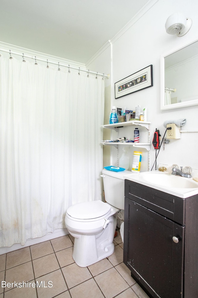 6-10 Manville St, Great Barrington, MA 01230 - bathroom with ornamental molding, vanity, tile patterned flooring, and a shower with shower curtain