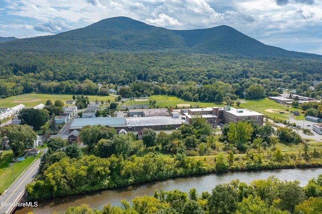 bird's eye view featuring a water and mountain view and a view of trees
