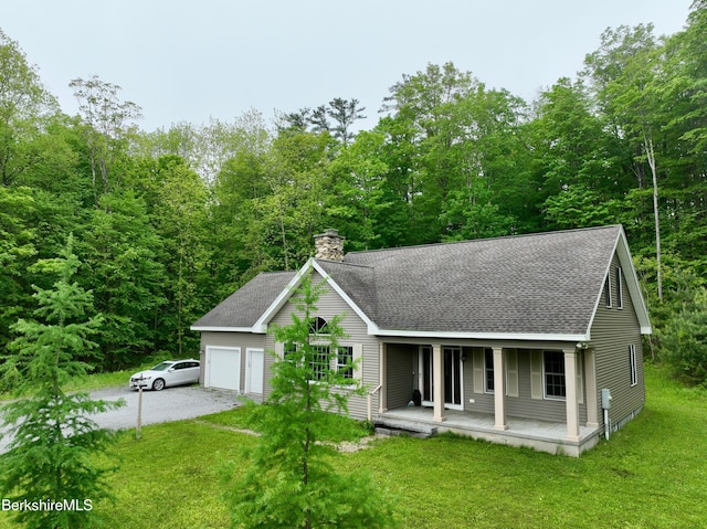 791 Partridge Rd, Lanesborough, MA 01237 - view of front facade featuring covered porch, roof with shingles, a front yard, a chimney, and driveway
