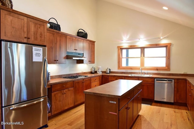 kitchen with light wood-style flooring, stainless steel appliances, under cabinet range hood, a sink, and lofted ceiling