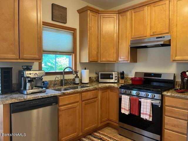 8 Stanley Dr Unit A-4, Great Barrington, MA 01230 - kitchen featuring stainless steel appliances, under cabinet range hood, a sink, and light stone counters