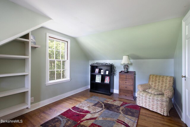 living area with dark hardwood / wood-style flooring and lofted ceiling