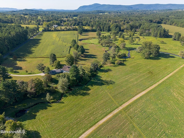 birds eye view of property featuring a mountain view and a rural view