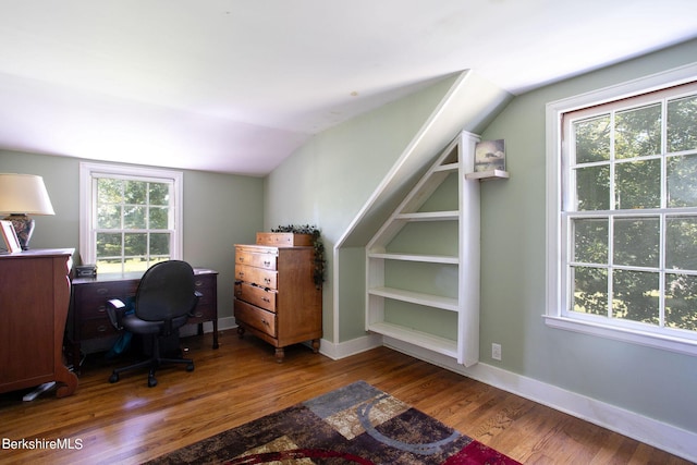 office featuring dark hardwood / wood-style flooring and vaulted ceiling