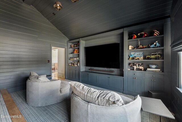 1030 W St, Pittsfield, MA 01201 - living area featuring built in features, wood walls, lofted ceiling, and wood ceiling