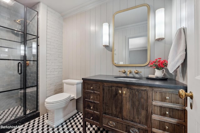 1030 W St, Pittsfield, MA 01201 - bathroom featuring vanity, a shower stall, ornamental molding, and tile patterned floors