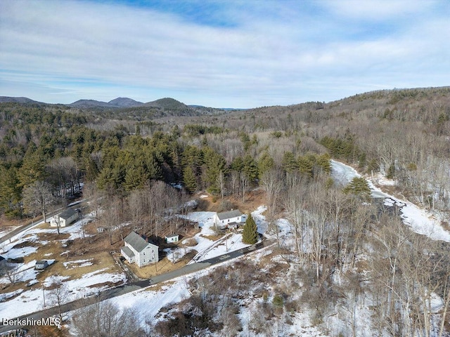 snowy aerial view with a mountain view and a view of trees