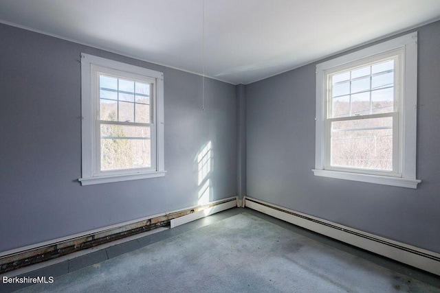 unfurnished room featuring a baseboard radiator