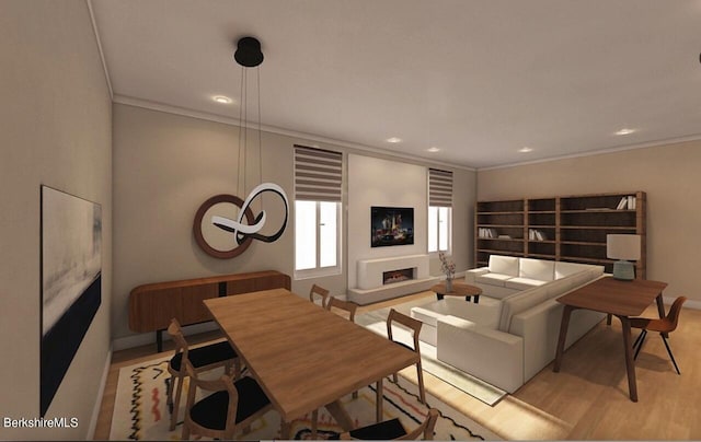 living room with light wood-type flooring and crown molding