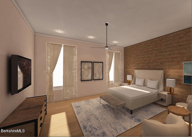 bedroom featuring light hardwood / wood-style floors and brick wall