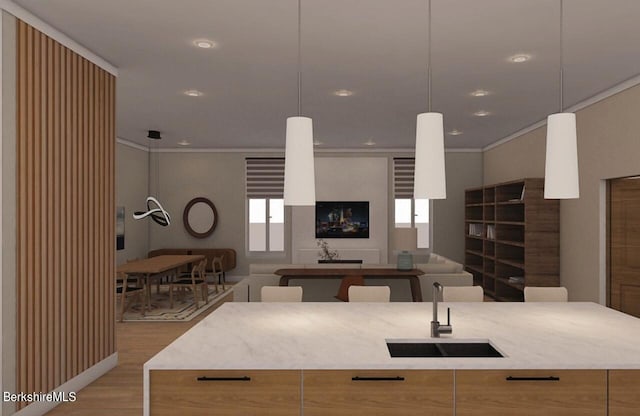 kitchen featuring sink, light hardwood / wood-style floors, decorative light fixtures, a kitchen island, and ornamental molding