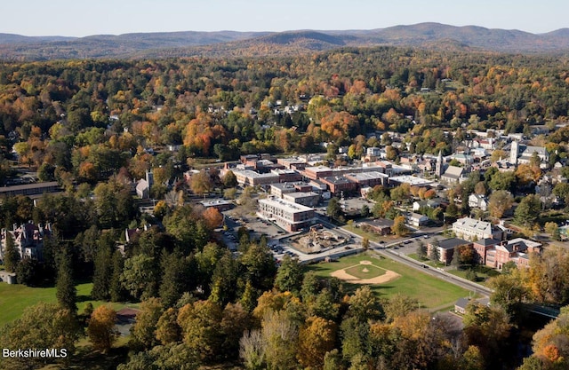 aerial view of property's location featuring a heavily wooded area and mountains