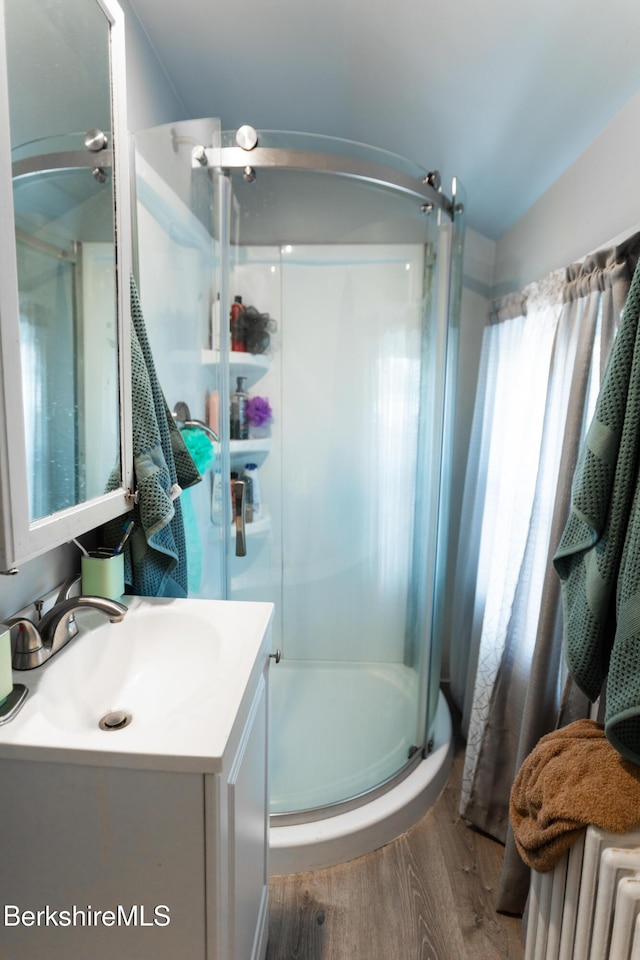 full bathroom featuring vanity, a stall shower, and wood finished floors