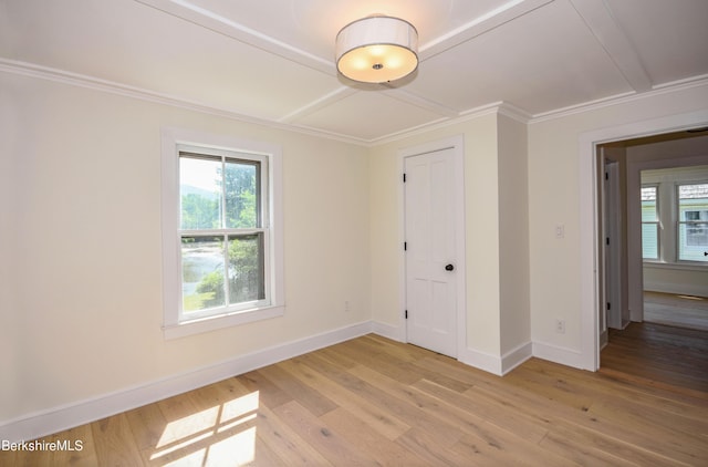 unfurnished bedroom featuring light hardwood / wood-style flooring, a closet, and crown molding