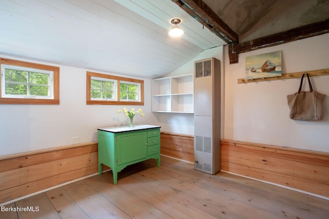 649 Hewins St, Sheffield, MA 01257 - interior space with a heating unit, wood finished floors, wainscoting, and wood walls