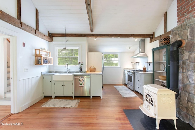649 Hewins St, Sheffield, MA 01257 - kitchen with appliances with stainless steel finishes, a wood stove, wall chimney range hood, a sink, and light wood-type flooring
