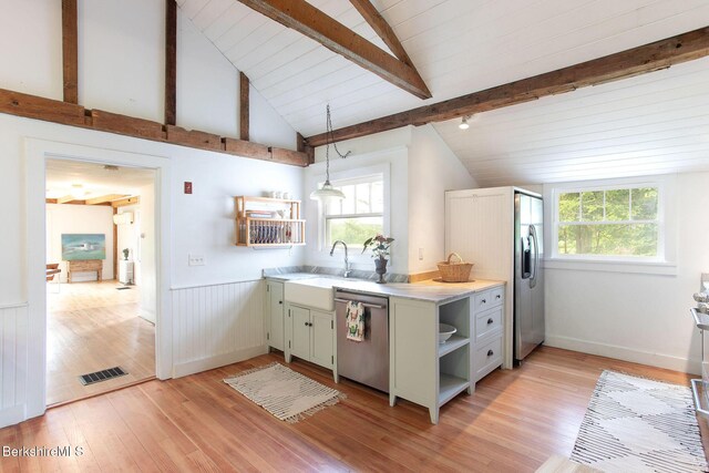 649 Hewins St, Sheffield, MA 01257 - kitchen featuring dishwasher, open shelves, fridge with ice dispenser, light wood-type flooring, and wainscoting