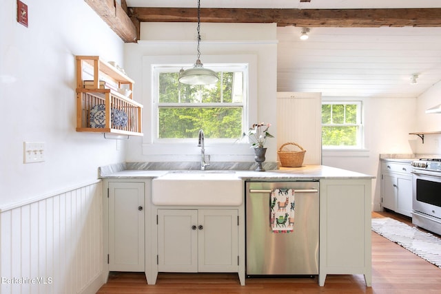 649 Hewins St, Sheffield, MA 01257 - kitchen featuring stainless steel appliances, a sink, light wood finished floors, open shelves, and hanging light fixtures