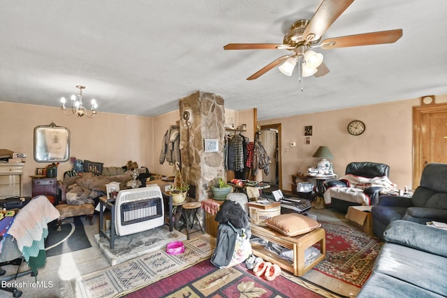 61 E Main Rd, Peru, MA 01235 - living room with heating unit, ceiling fan, and a chandelier