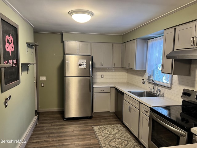 kitchen with stainless steel appliances, gray cabinetry, decorative backsplash, and sink