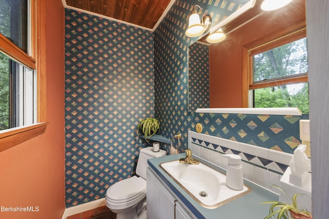 72 Cleveland St, Pittsfield, MA 01201 - bathroom with wallpapered walls, vanity, and wood ceiling