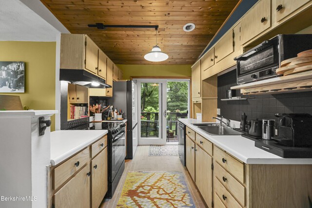 72 Cleveland St, Pittsfield, MA 01201 - kitchen featuring under cabinet range hood, black electric range, wooden ceiling, decorative backsplash, and light countertops