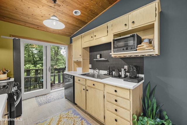 72 Cleveland St, Pittsfield, MA 01201 - kitchen featuring black dishwasher, stainless steel stove, light brown cabinetry, wooden ceiling, and backsplash