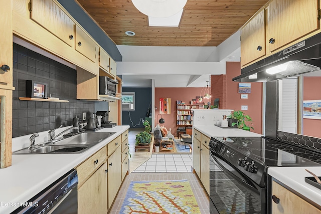 72 Cleveland St, Pittsfield, MA 01201 - kitchen featuring black appliances, under cabinet range hood, light countertops, wooden ceiling, and backsplash