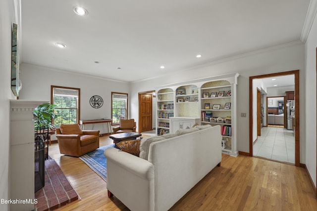 67 Dunmore Ct, Lenox, MA 01240 - living room with crown molding, light wood-type flooring, and recessed lighting